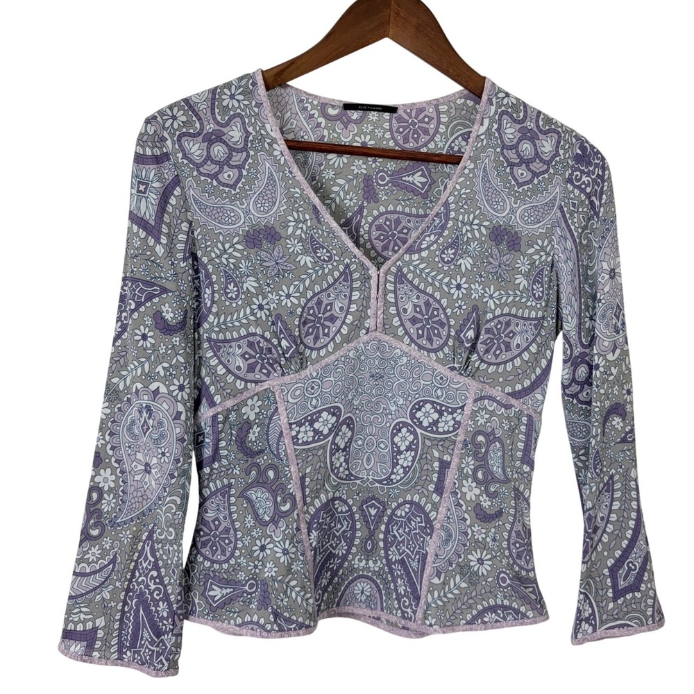 Elie Tahari Blouse Women S Purple Paisley Silk VNeck Fairy Empire Waist Y2K FLAW